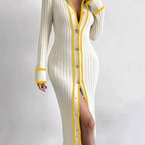 Elegant Cream and Yellow Button-Down Think Ribbed Knit Dress